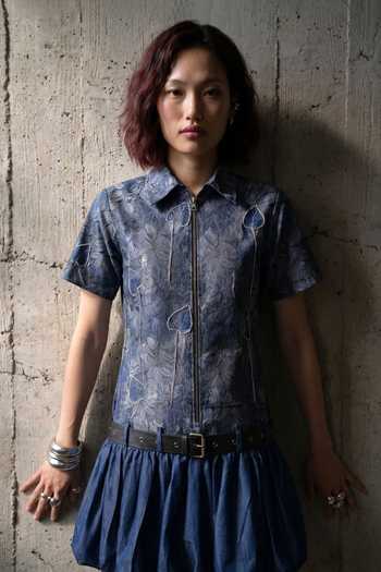 Devina Juneja Blue Denim Collared Neck Dahlia Bubble Hem Dress With Belt Online at Aza Fashions Devina Juneja_Blue Denim Collared Neck Dahlia Bubble Hem Dress With Belt _Online_at_Aza_Fashions