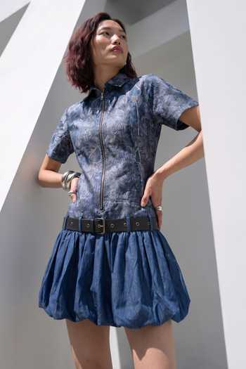 Buy Devina Juneja Blue Denim Collared Neck Dahlia Bubble Hem Dress With Belt Online at Aza Fashions Buy_Devina Juneja_Blue Denim Collared Neck Dahlia Bubble Hem Dress With Belt _Online_at_Aza_Fashions