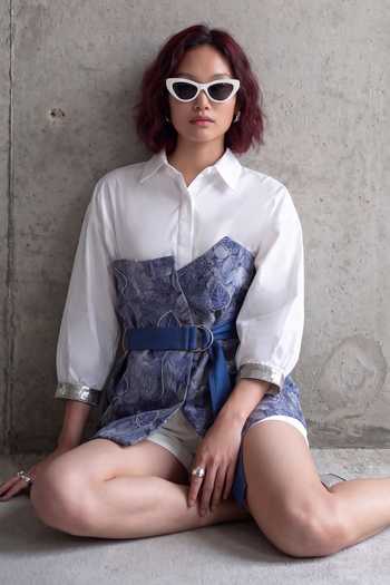Devina Juneja Blue Cotton, Denim Collared Neck Dahlia Bracelet Shirt With Belt Online at Aza Fashions Devina Juneja_Blue Cotton, Denim Collared Neck Dahlia Bracelet Shirt With Belt _Online_at_Aza_Fashions
