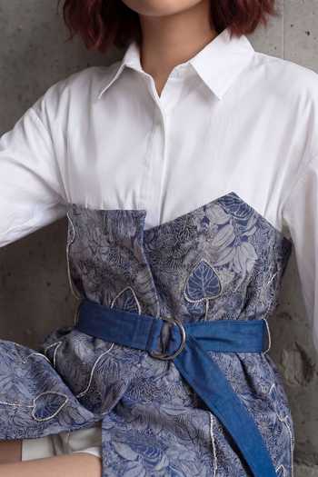 Buy Devina Juneja Blue Cotton, Denim Collared Neck Dahlia Bracelet Shirt With Belt Online at Aza Fashions Buy_Devina Juneja_Blue Cotton, Denim Collared Neck Dahlia Bracelet Shirt With Belt _Online_at_Aza_Fashions