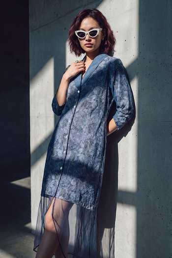 Buy Devina Juneja Blue Denim Shawl Neck Dahlia Short Dress Online at Aza Fashions Buy_Devina Juneja_Blue Denim Shawl Neck Dahlia Short Dress _Online_at_Aza_Fashions