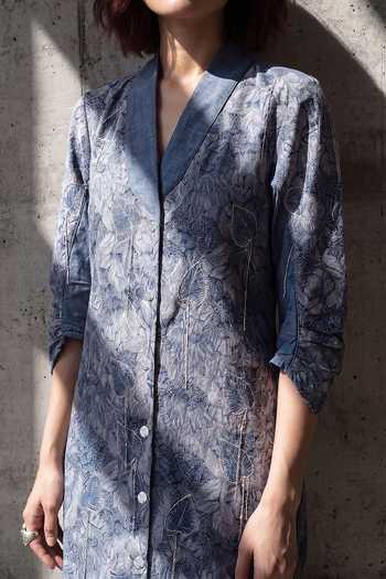 Shop Devina Juneja Blue Denim Shawl Neck Dahlia Short Dress Online at Aza Fashions Shop_Devina Juneja_Blue Denim Shawl Neck Dahlia Short Dress _Online_at_Aza_Fashions