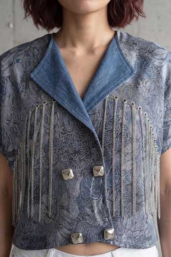 Devina Juneja Blue Denim V-neck Dahlia Chain Fringe Top at Aza Fashions Devina Juneja_Blue Denim V-neck Dahlia Chain Fringe Top _at_Aza_Fashions