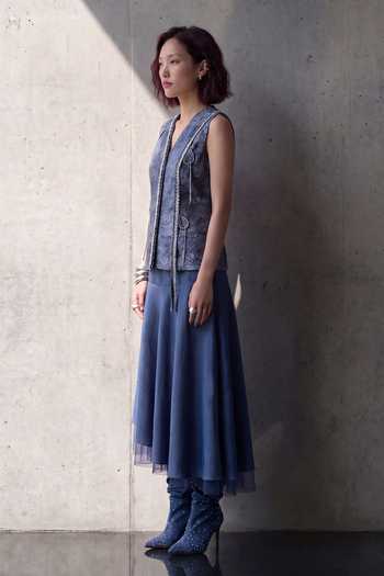 Devina Juneja Blue Denim Dahlia Cotton Skirt Online at Aza Fashions Devina Juneja_Blue Denim Dahlia Cotton Skirt _Online_at_Aza_Fashions