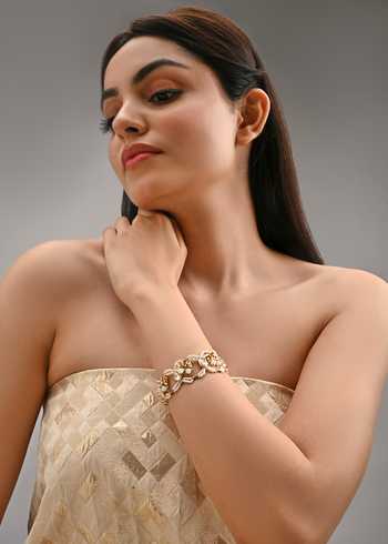 House Of D"Oro White Pearl And Kundan Embellished Bracelet at Aza Fashions House Of D"Oro_White Pearl And Kundan Embellished Bracelet _at_Aza_Fashions