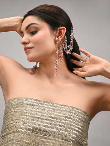 Shop House Of D"Oro Red Embellished Pair Of Ear Cuff Earrings Shop_House Of D"Oro_Red Embellished Pair Of Ear Cuff Earrings