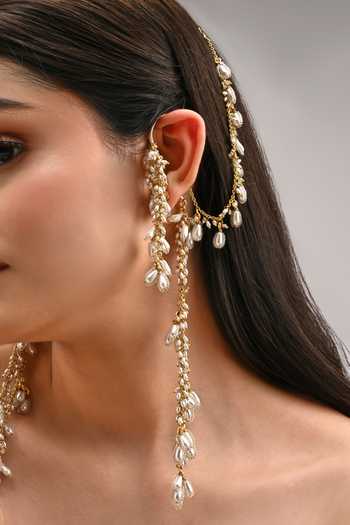 Shop House Of D"Oro White Pearl Drop Bunch Hanging Earcuff Earrings Shop_House Of D"Oro_White Pearl Drop Bunch Hanging Earcuff Earrings