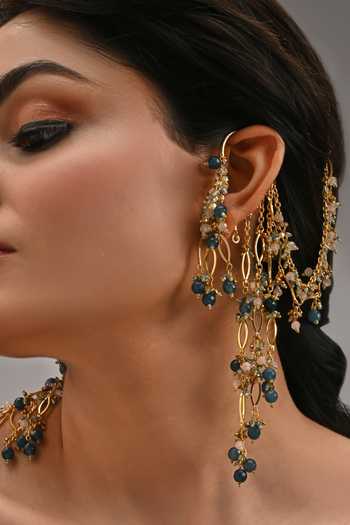 House Of D"Oro_Multi Color Beaded Kaan Chain Ear Cuff Earrings _at_Aza_Fashions