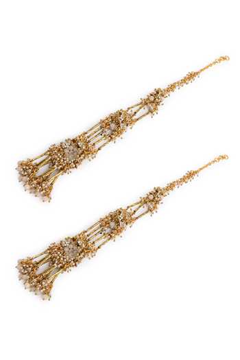 House Of D"Oro_Beige Metallic Embellished Long Ear Chain Earrings _Online_at_Aza_Fashions