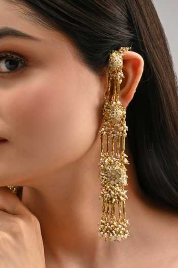 House Of D"Oro_Beige Metallic Embellished Long Ear Chain Earrings _at_Aza_Fashions