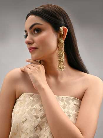 House Of D"Oro Metallic Embellished Long Ear Chain Earrings