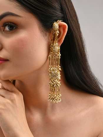 Shop_House Of D"Oro_Beige Metallic Embellished Long Ear Chain Earrings 