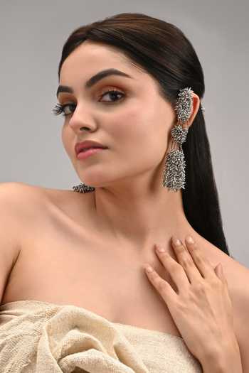 House Of D"Oro_Silver Plated Three Layered Crystal Studded Long Earrings _at_Aza_Fashions