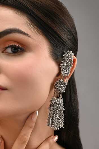 Buy_House Of D"Oro_Silver Plated Three Layered Crystal Studded Long Earrings 