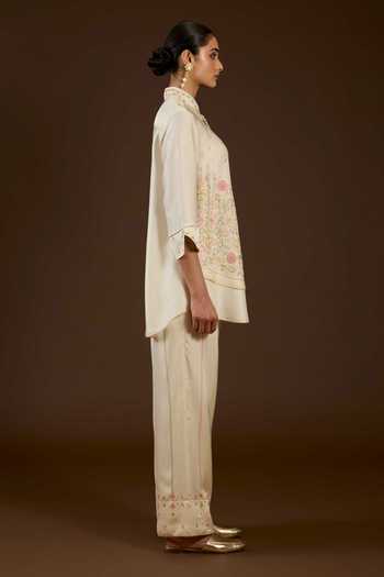 I Am Design Ivory Satin, Linen Collared Neck I Am An Aari Work Shirt And Pant Co-ord Set Online at Aza Fashions I Am Design_Ivory Satin, Linen Collared Neck I Am An Aari Work Shirt And Pant Co-ord Set _Online_at_Aza_Fashions