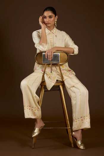 Buy I Am Design Ivory Satin, Linen Collared Neck I Am An Aari Work Shirt And Pant Co-ord Set Online at Aza Fashions Buy_I Am Design_Ivory Satin, Linen Collared Neck I Am An Aari Work Shirt And Pant Co-ord Set _Online_at_Aza_Fashions
