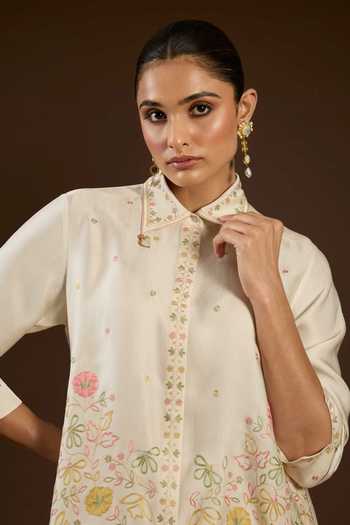 Shop I Am Design Ivory Satin, Linen Collared Neck I Am An Aari Work Shirt And Pant Co-ord Set Online at Aza Fashions Shop_I Am Design_Ivory Satin, Linen Collared Neck I Am An Aari Work Shirt And Pant Co-ord Set _Online_at_Aza_Fashions