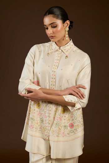 I Am Design Ivory Satin, Linen Collared Neck I Am An Aari Work Shirt And Pant Co-ord Set at Aza Fashions I Am Design_Ivory Satin, Linen Collared Neck I Am An Aari Work Shirt And Pant Co-ord Set _at_Aza_Fashions