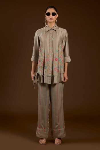 I Am Design Grey Satin, Linen Collared Neck I Am A Aari Work Shirt And Pant Co-ord Set Online at Aza Fashions I Am Design_Grey Satin, Linen Collared Neck I Am A Aari Work Shirt And Pant Co-ord Set _Online_at_Aza_Fashions