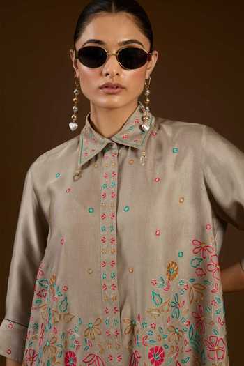 Buy I Am Design Grey Satin, Linen Collared Neck I Am A Aari Work Shirt And Pant Co-ord Set Online at Aza Fashions Buy_I Am Design_Grey Satin, Linen Collared Neck I Am A Aari Work Shirt And Pant Co-ord Set _Online_at_Aza_Fashions