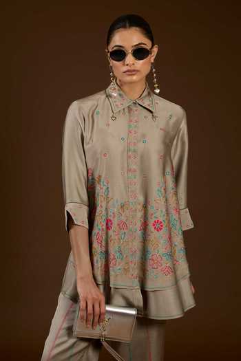 I Am Design Grey Satin, Linen Collared Neck I Am A Aari Work Shirt And Pant Co-ord Set at Aza Fashions I Am Design_Grey Satin, Linen Collared Neck I Am A Aari Work Shirt And Pant Co-ord Set _at_Aza_Fashions