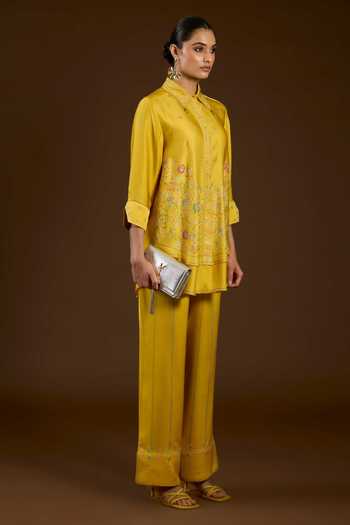 I Am Design Yellow Satin, Linen Collared I Am A Mustard Aari Work Shirt And Pant Co-ord Set Online at Aza Fashions I Am Design_Yellow Satin, Linen Collared I Am A Mustard Aari Work Shirt And Pant Co-ord Set _Online_at_Aza_Fashions