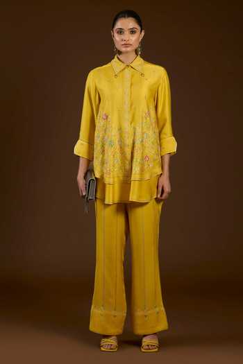 Buy I Am Design Yellow Satin, Linen Collared I Am A Mustard Aari Work Shirt And Pant Co-ord Set Online at Aza Fashions Buy_I Am Design_Yellow Satin, Linen Collared I Am A Mustard Aari Work Shirt And Pant Co-ord Set _Online_at_Aza_Fashions
