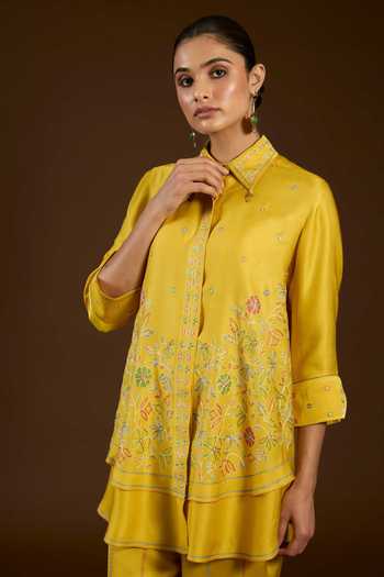 I Am Design Yellow Satin, Linen Collared I Am A Mustard Aari Work Shirt And Pant Co-ord Set at Aza Fashions I Am Design_Yellow Satin, Linen Collared I Am A Mustard Aari Work Shirt And Pant Co-ord Set _at_Aza_Fashions