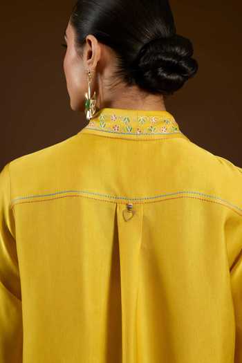 Buy I Am Design Yellow Satin, Linen Collared I Am A Mustard Aari Work Shirt And Pant Co-ord Set Buy_I Am Design_Yellow Satin, Linen Collared I Am A Mustard Aari Work Shirt And Pant Co-ord Set