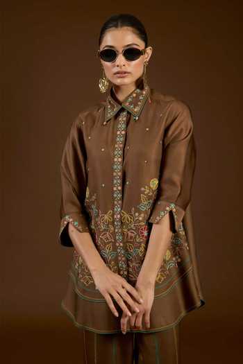 I Am Design Brown Satin, Linen Collared Neck I Am A Aari Work Shirt And Pant Co-ord Set Online at Aza Fashions I Am Design_Brown Satin, Linen Collared Neck I Am A Aari Work Shirt And Pant Co-ord Set _Online_at_Aza_Fashions
