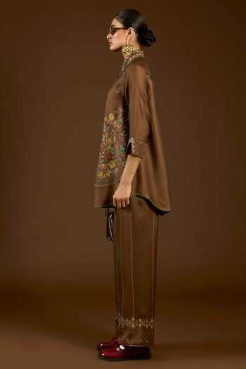Shop I Am Design Brown Satin, Linen Collared Neck I Am A Aari Work Shirt And Pant Co-ord Set Online at Aza Fashions Shop_I Am Design_Brown Satin, Linen Collared Neck I Am A Aari Work Shirt And Pant Co-ord Set _Online_at_Aza_Fashions
