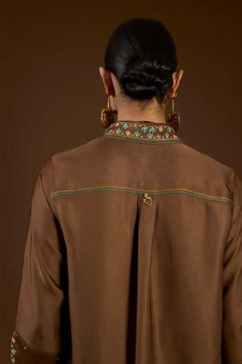 I Am Design Brown Satin, Linen Collared Neck I Am A Aari Work Shirt And Pant Co-ord Set at Aza Fashions I Am Design_Brown Satin, Linen Collared Neck I Am A Aari Work Shirt And Pant Co-ord Set _at_Aza_Fashions
