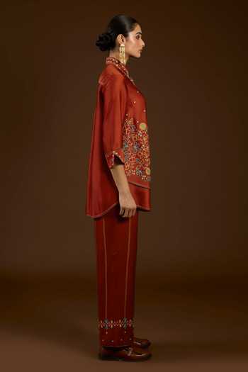 I Am Design Orange Satin, Linen Collared Neck I Am A Rust Aari Work Shirt And Pant Co-ord Set Online at Aza Fashions I Am Design_Orange Satin, Linen Collared Neck I Am A Rust Aari Work Shirt And Pant Co-ord Set _Online_at_Aza_Fashions