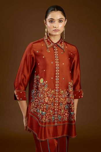 Shop I Am Design Orange Satin, Linen Collared Neck I Am A Rust Aari Work Shirt And Pant Co-ord Set Online at Aza Fashions Shop_I Am Design_Orange Satin, Linen Collared Neck I Am A Rust Aari Work Shirt And Pant Co-ord Set _Online_at_Aza_Fashions