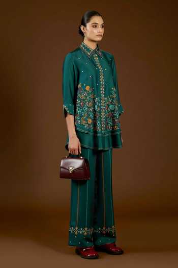 I Am Design Green Satin, Linen Collared Neck I Am A Teal Aari Work Shirt And Pant Co-ord Set Online at Aza Fashions I Am Design_Green Satin, Linen Collared Neck I Am A Teal Aari Work Shirt And Pant Co-ord Set _Online_at_Aza_Fashions