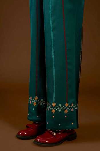 Buy I Am Design Green Satin, Linen Collared Neck I Am A Teal Aari Work Shirt And Pant Co-ord Set Online at Aza Fashions Buy_I Am Design_Green Satin, Linen Collared Neck I Am A Teal Aari Work Shirt And Pant Co-ord Set _Online_at_Aza_Fashions