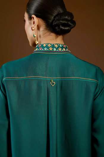 I Am Design Green Satin, Linen Collared Neck I Am A Teal Aari Work Shirt And Pant Co-ord Set at Aza Fashions I Am Design_Green Satin, Linen Collared Neck I Am A Teal Aari Work Shirt And Pant Co-ord Set _at_Aza_Fashions