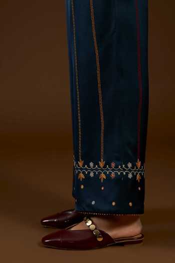 I Am Design Blue Satin, Linen Collared Neck I Am A Aari Work Shirt And Pant Co-ord Set Online at Aza Fashions I Am Design_Blue Satin, Linen Collared Neck I Am A Aari Work Shirt And Pant Co-ord Set _Online_at_Aza_Fashions