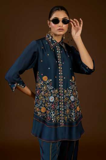 Buy I Am Design Blue Satin, Linen Collared Neck I Am A Aari Work Shirt And Pant Co-ord Set Online at Aza Fashions Buy_I Am Design_Blue Satin, Linen Collared Neck I Am A Aari Work Shirt And Pant Co-ord Set _Online_at_Aza_Fashions