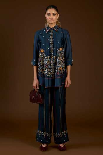 Shop I Am Design Blue Satin, Linen Collared Neck I Am A Aari Work Shirt And Pant Co-ord Set Online at Aza Fashions Shop_I Am Design_Blue Satin, Linen Collared Neck I Am A Aari Work Shirt And Pant Co-ord Set _Online_at_Aza_Fashions