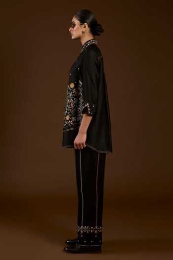 Buy I Am Design Black Satin, Linen Collared Neck I Am A Aari Work Shirt And Pant Co-ord Set Online at Aza Fashions Buy_I Am Design_Black Satin, Linen Collared Neck I Am A Aari Work Shirt And Pant Co-ord Set _Online_at_Aza_Fashions