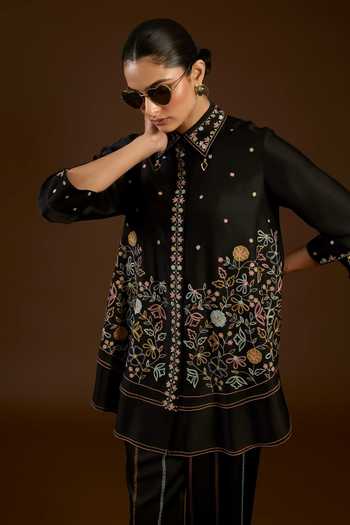 I Am Design Black Satin, Linen Collared Neck I Am A Aari Work Shirt And Pant Co-ord Set at Aza Fashions I Am Design_Black Satin, Linen Collared Neck I Am A Aari Work Shirt And Pant Co-ord Set _at_Aza_Fashions