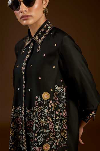 Buy I Am Design Black Satin, Linen Collared Neck I Am A Aari Work Shirt And Pant Co-ord Set Buy_I Am Design_Black Satin, Linen Collared Neck I Am A Aari Work Shirt And Pant Co-ord Set