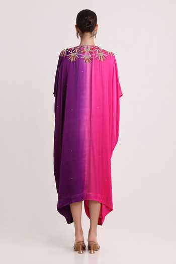 Shop Keith Gomes Multicolor Satin Round Neck Embroidered Ombre Kaftan at Aza Fashions Shop_Keith Gomes_Multicolor Satin Round Neck Embroidered Ombre Kaftan _at_Aza_Fashions