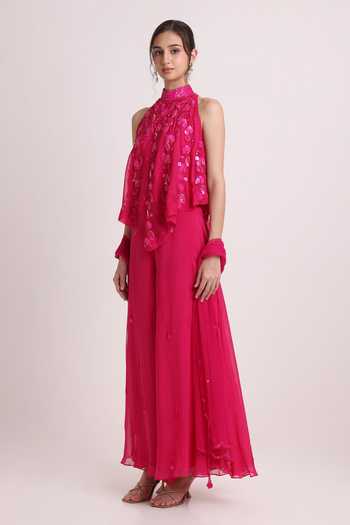 Buy Keith Gomes Fuchsia Silk Organza, Net Halter Neck, Yes Embroidered Short Tunic Palazzo Set Online at Aza Fashions Buy_Keith Gomes_Fuchsia Silk Organza, Net Halter Neck, Yes Embroidered Short Tunic Palazzo Set _Online_at_Aza_Fashions