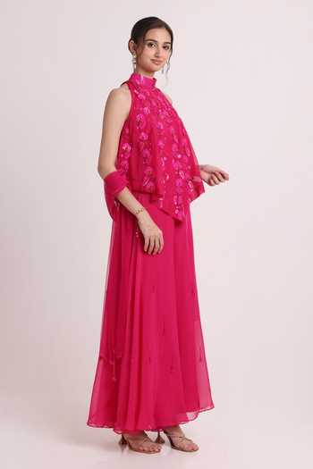 Shop Keith Gomes Fuchsia Silk Organza, Net Halter Neck, Yes Embroidered Short Tunic Palazzo Set Online at Aza Fashions Shop_Keith Gomes_Fuchsia Silk Organza, Net Halter Neck, Yes Embroidered Short Tunic Palazzo Set _Online_at_Aza_Fashions
