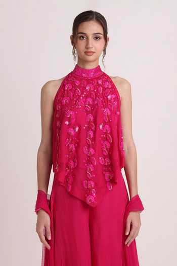 Keith Gomes Fuchsia Silk Organza, Net Halter Neck, Yes Embroidered Short Tunic Palazzo Set at Aza Fashions Keith Gomes_Fuchsia Silk Organza, Net Halter Neck, Yes Embroidered Short Tunic Palazzo Set _at_Aza_Fashions