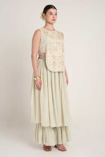Keith Gomes Off White Silk, Tissue Round Neck Embroidered Tunic And Layered Palazzo Set Online at Aza Fashions Keith Gomes_Off White Silk, Tissue Round Neck Embroidered Tunic And Layered Palazzo Set _Online_at_Aza_Fashions
