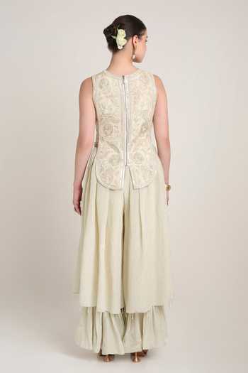 Shop Keith Gomes Off White Silk, Tissue Round Neck Embroidered Tunic And Layered Palazzo Set at Aza Fashions Shop_Keith Gomes_Off White Silk, Tissue Round Neck Embroidered Tunic And Layered Palazzo Set _at_Aza_Fashions