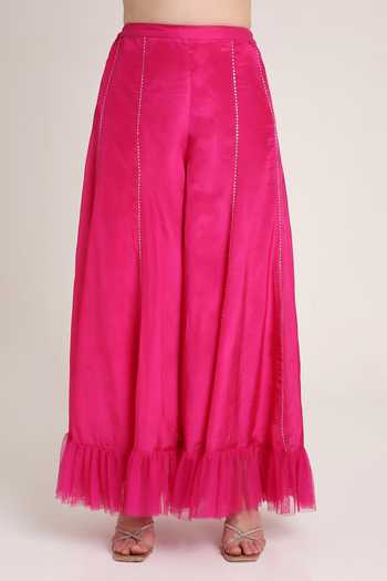 Keith Gomes Fuchsia Net, Silk Organza Sweetheart Embroidered Short Tunic Frill Palazzo Set Online at Aza Fashions Keith Gomes_Fuchsia Net, Silk Organza Sweetheart Embroidered Short Tunic Frill Palazzo Set _Online_at_Aza_Fashions